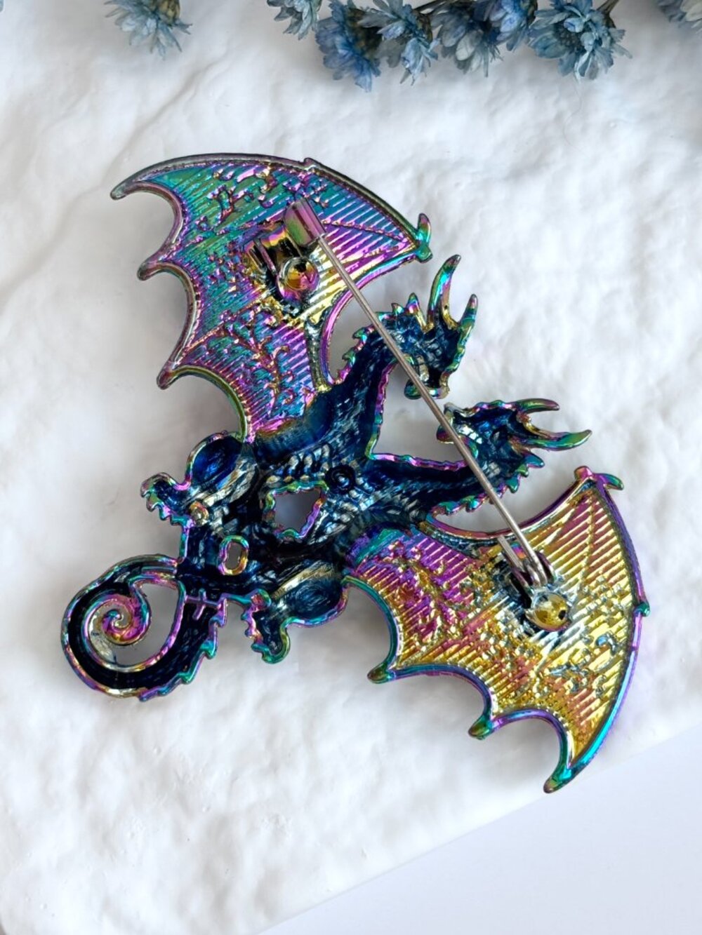 Iridescent Twin Dragon Figural Rhinestone Accented Vintage Inspired Brooch Pin - Picture 10 of 16